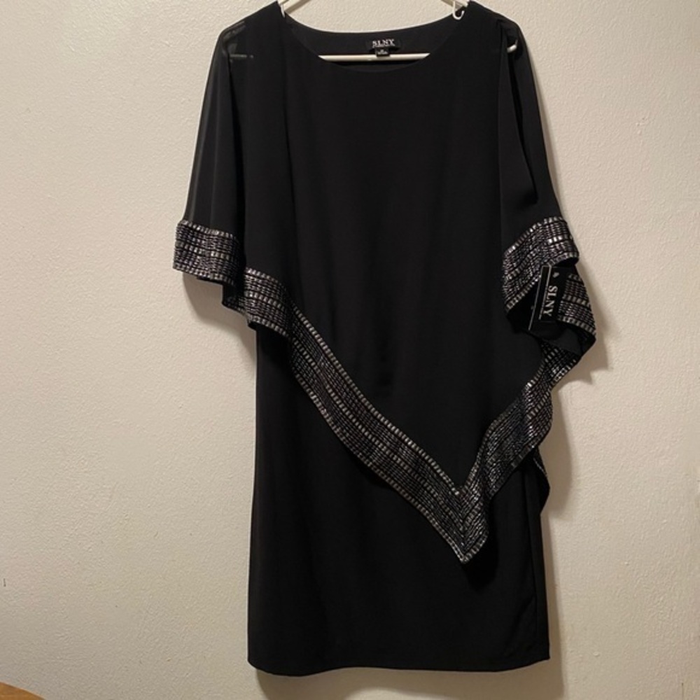 SLNY Dress Womens 10 Sleeve With‎ Cape Black MIDI Shoulder Slits Whimsigoth NEW